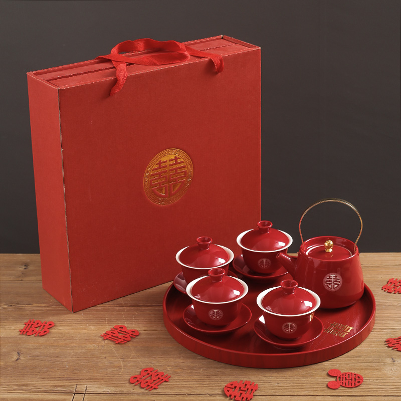 敬茶杯结婚喜碗红碗筷改口喜杯婚礼敬茶壶对杯子茶具礼盒套装托盘