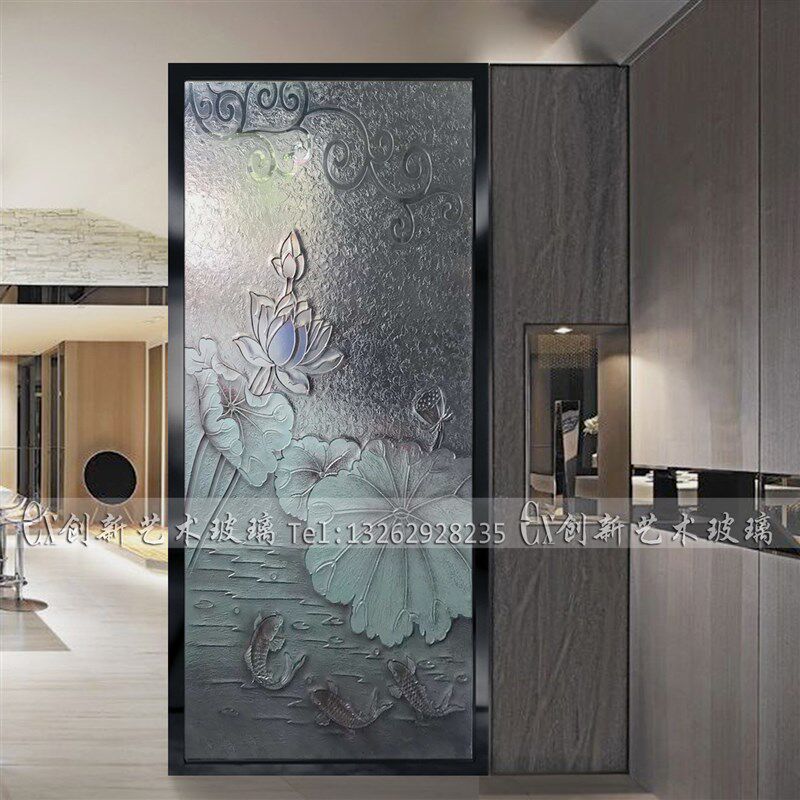 定制立体浮雕艺术玻璃隔断屏风客厅入户玄关背景双面透光钢化荷花