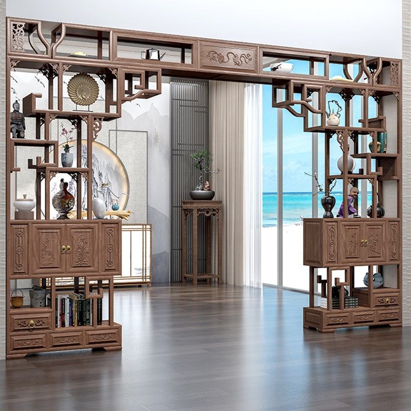 定制 仿古伸缩月洞门隔断背景墙客厅中式古董博古架实木月亮圆门