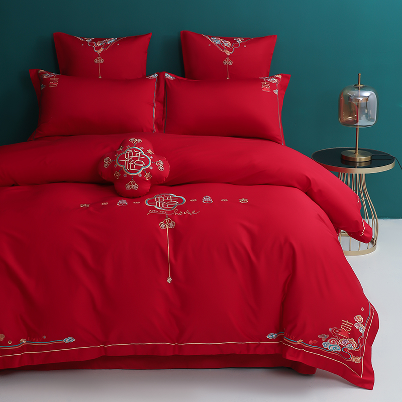 百年好合!60支长绒棉贡缎婚庆绣花四六件套结婚婚礼浪漫床上用品