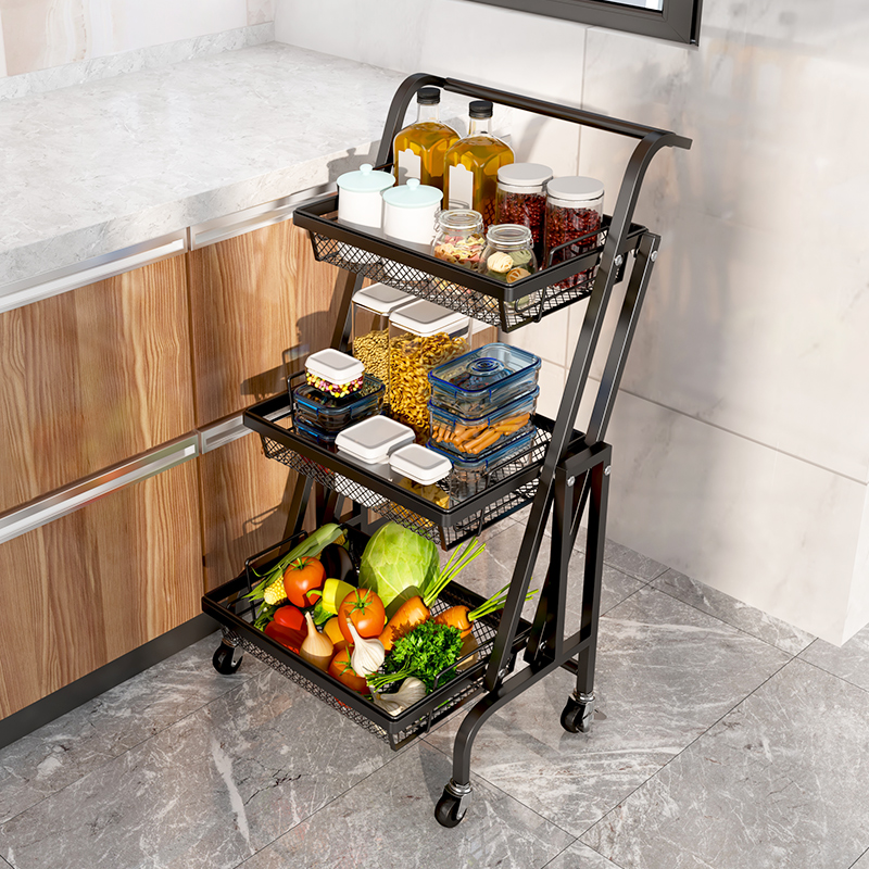 小推车置物架落地多层可折叠家用厨房多功能蔬菜收纳三层整理架子