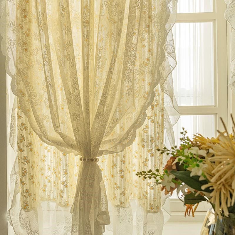 韩式风网红双层蕾丝法式浪漫客厅窗帘卧室阳台欧式半遮光布纱一体