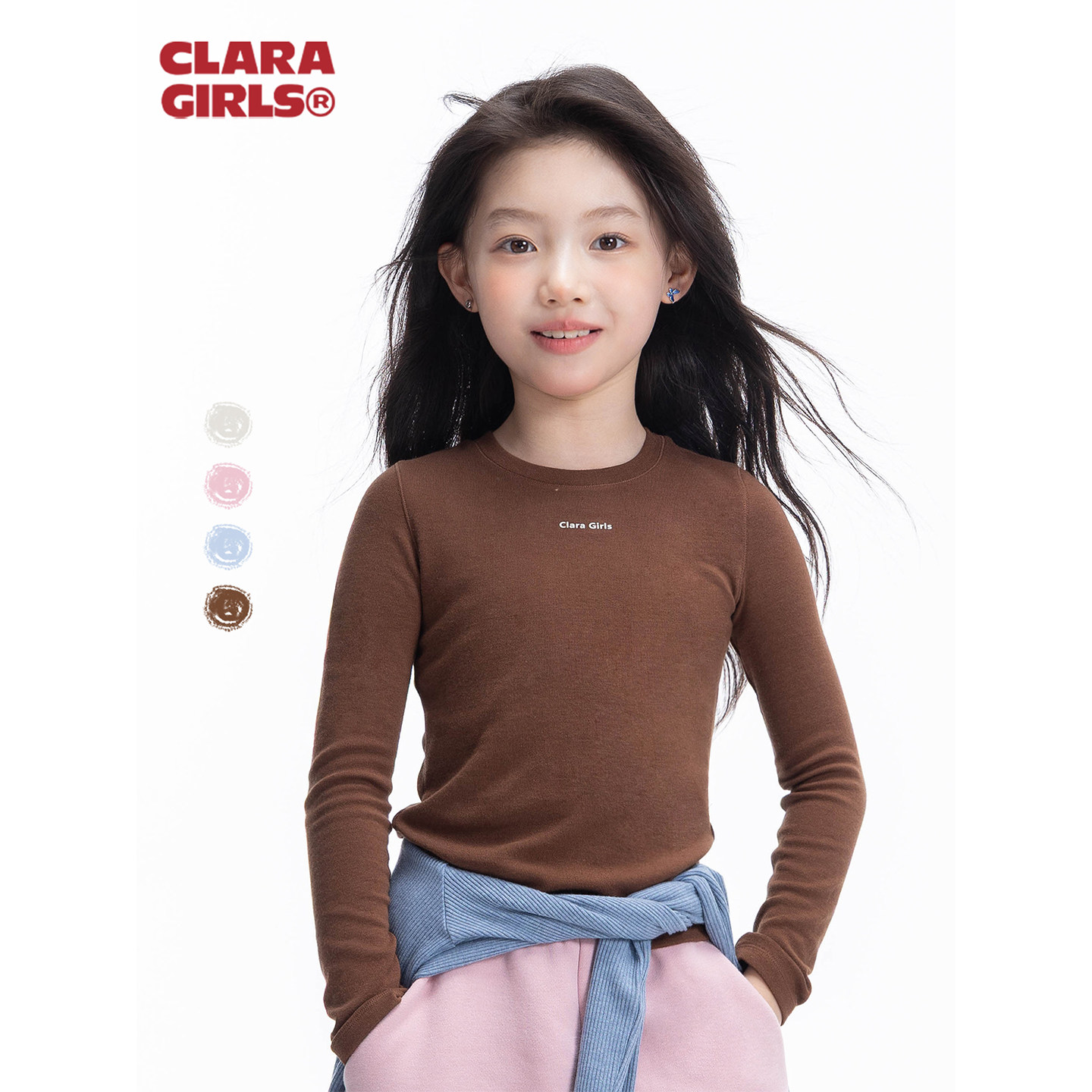 claragirls|儿童长袖打底衫抗菌透气26年春季女童圆领轻暖长袖T恤图片