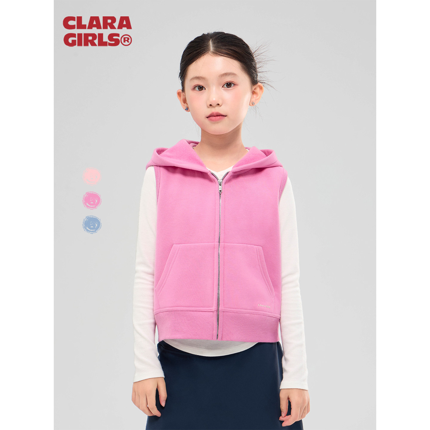 claragirls｜女童连帽马甲外套薄绒2026年秋儿童短款拉链运动背心图片