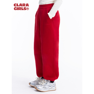 claragirls儿童新年红色运动卫裤加绒2025秋冬女童宽松直筒束脚裤
