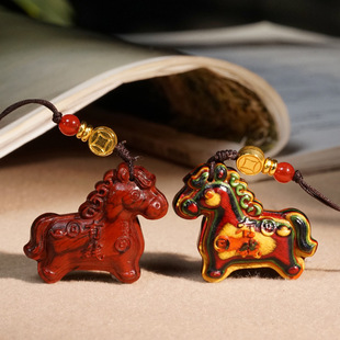 手机链挂饰紫檀彩虹木雕刻马上有钱生肖小马挂件钥匙手机挂饰吊坠