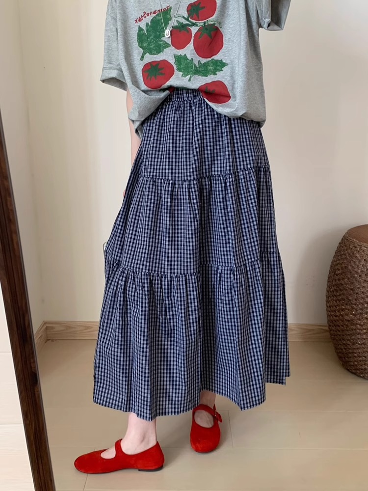 蓝色格子半身裙女夏2025新款蓬蓬蛋糕裙高腰垂感休闲a字中长裙子