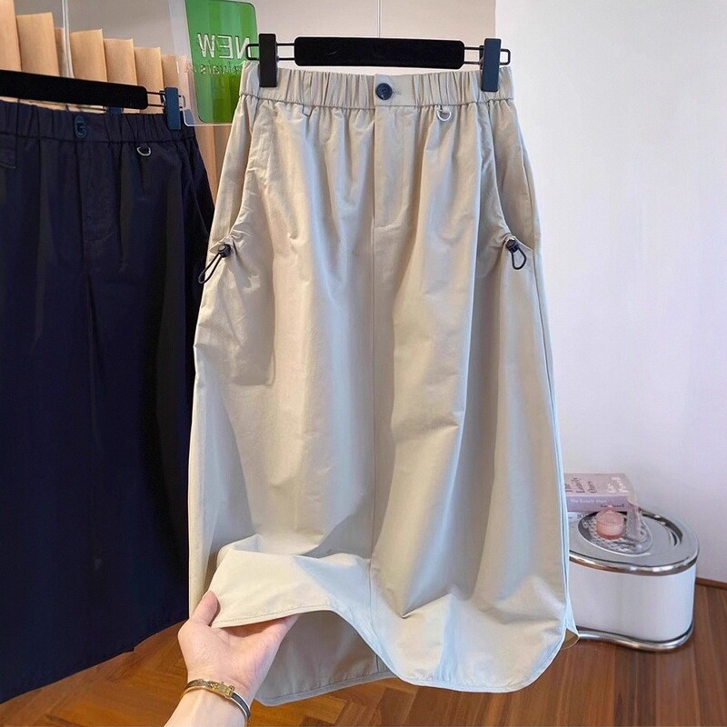 美式复古口袋工装半身裙女夏季薄款设计感高腰休闲中长款a字伞裙