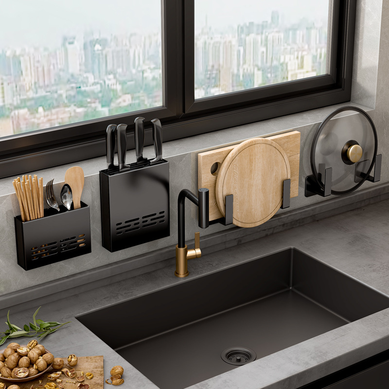 锅盖架带沥水盘厨房免打孔壁挂式黑色放菜板案板砧板收纳置物架子