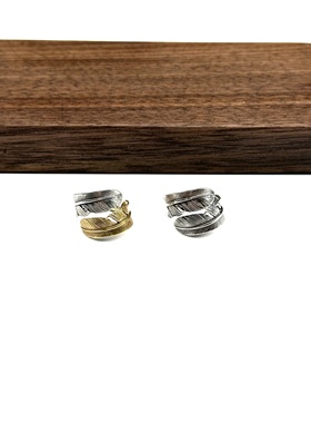 WANGWANG做旧925纯银黄铜镀金双羽毛情侣可调节银饰素银潮流戒指