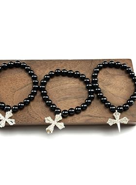 WANGWANG十字金刚挂坠合金银黑玛瑙情侣手工复古潮流银手链手串