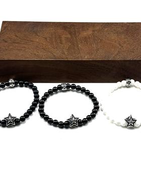 WANGWANG925纯银6mm双银饰十字花五角星绿松石黑玛瑙潮流银手链