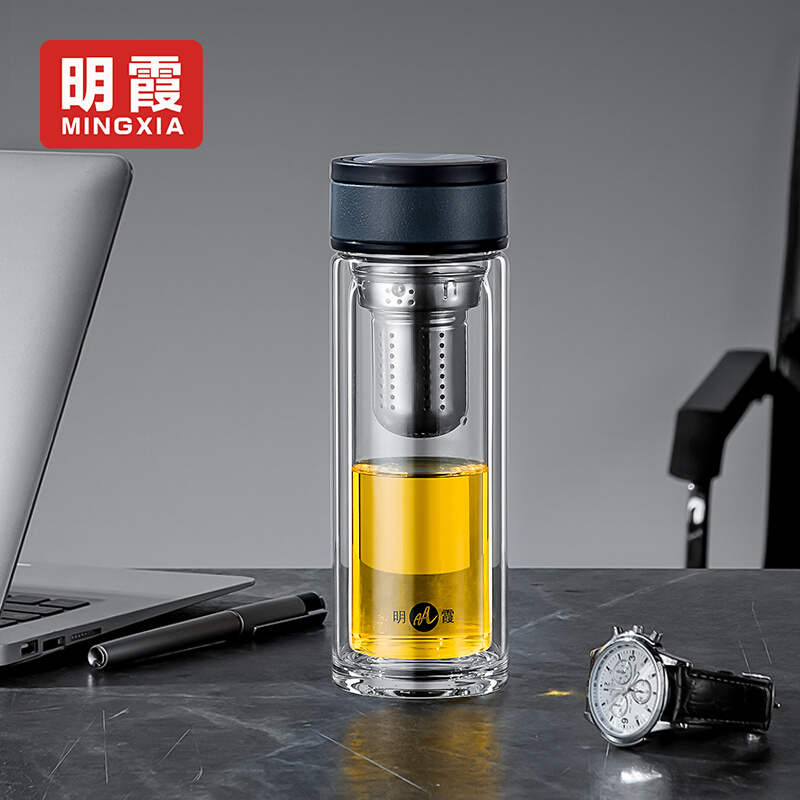 双层玻璃杯男提手环水杯便携家用带盖茶水分离泡茶杯透明车载杯子