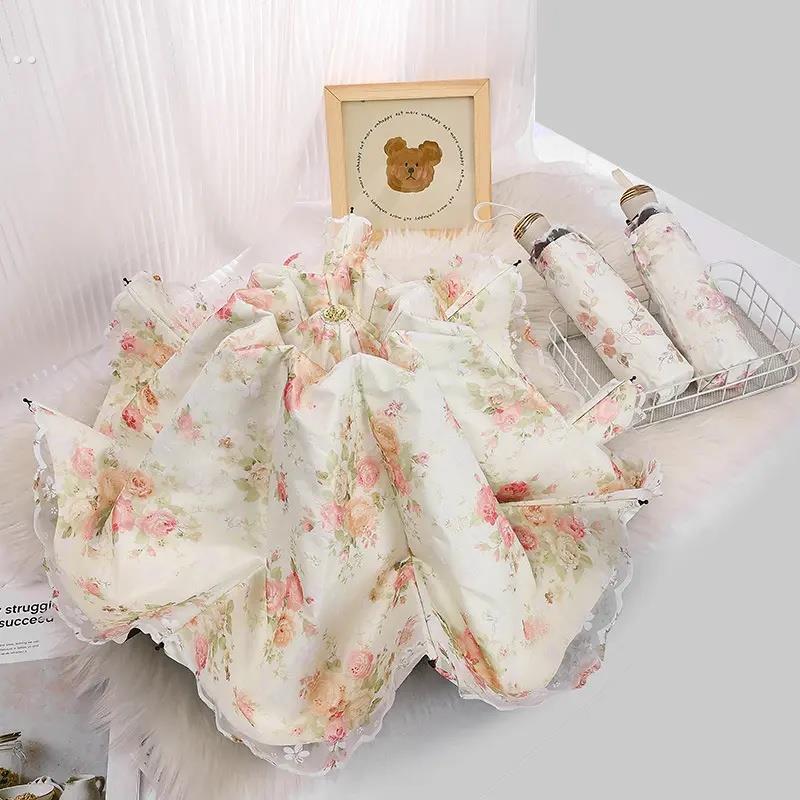 太阳伞防晒防紫外线雨伞小清新晴雨两用加厚双层蕾丝刺绣遮阳伞女