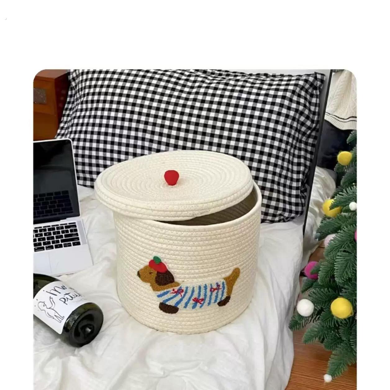 袜子收纳桶小狗收纳桶编织大容量娃娃袜子收纳收纳篮脏衣篓带盖有