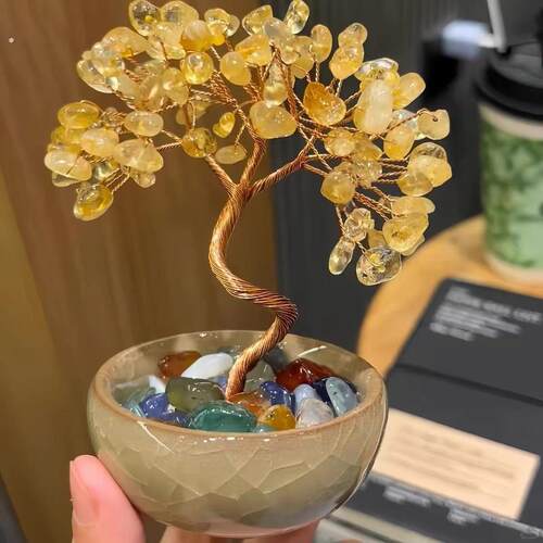 【红薯推荐】办公室聚宝盆茶盏底座水晶发财树摆件桌面水晶生命树