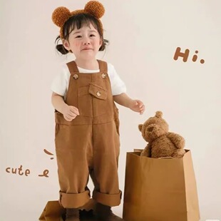 拍照百搭亲肤休闲裤 男女宝宝咖啡色摄影服装 子 儿童牛仔背带裤 童装
