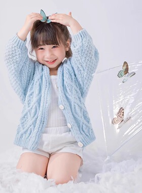 男女童儿童摄影服装蓝色毛衣宝宝肖像针织毛衣开衫外套设计感上衣