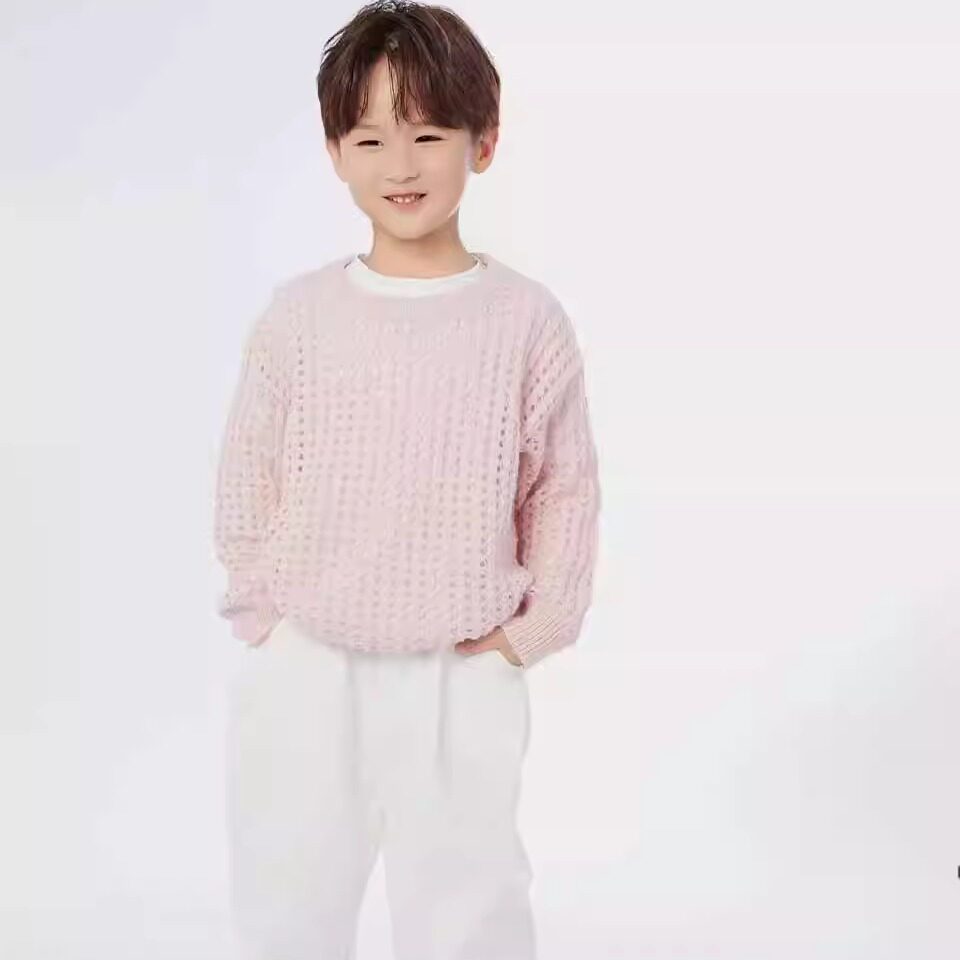 韩版儿童毛衣女甜美紫白粉摄影服装拍照针织衫镂空套头洞洞衫清新
