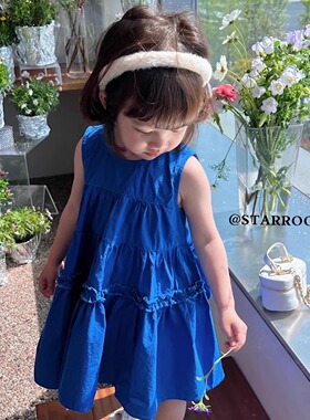 文艺童装摄影服装女童度假风蓝色设计感连衣裙女宝宝无袖背心裙潮