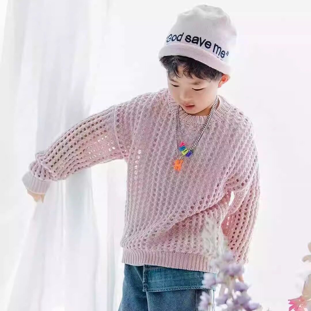韩版文艺毛衣女宝宝紫白粉摄影服装拍照针织衫镂空套头洞洞衫清新