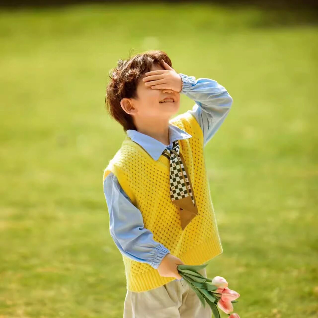 男女童小清新背心气质摄影拍照儿童韩版黄色文艺毛衣马甲套头上衣