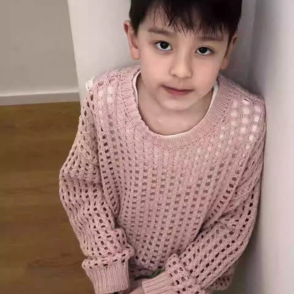 韩版儿童毛衣女男女紫白粉摄影服装拍照针织衫镂空套头洞洞衫清新