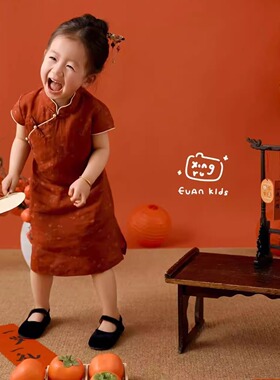 红色女童盘扣旗袍摄影服装薄款艺术新中式小女孩古风民国风连衣裙