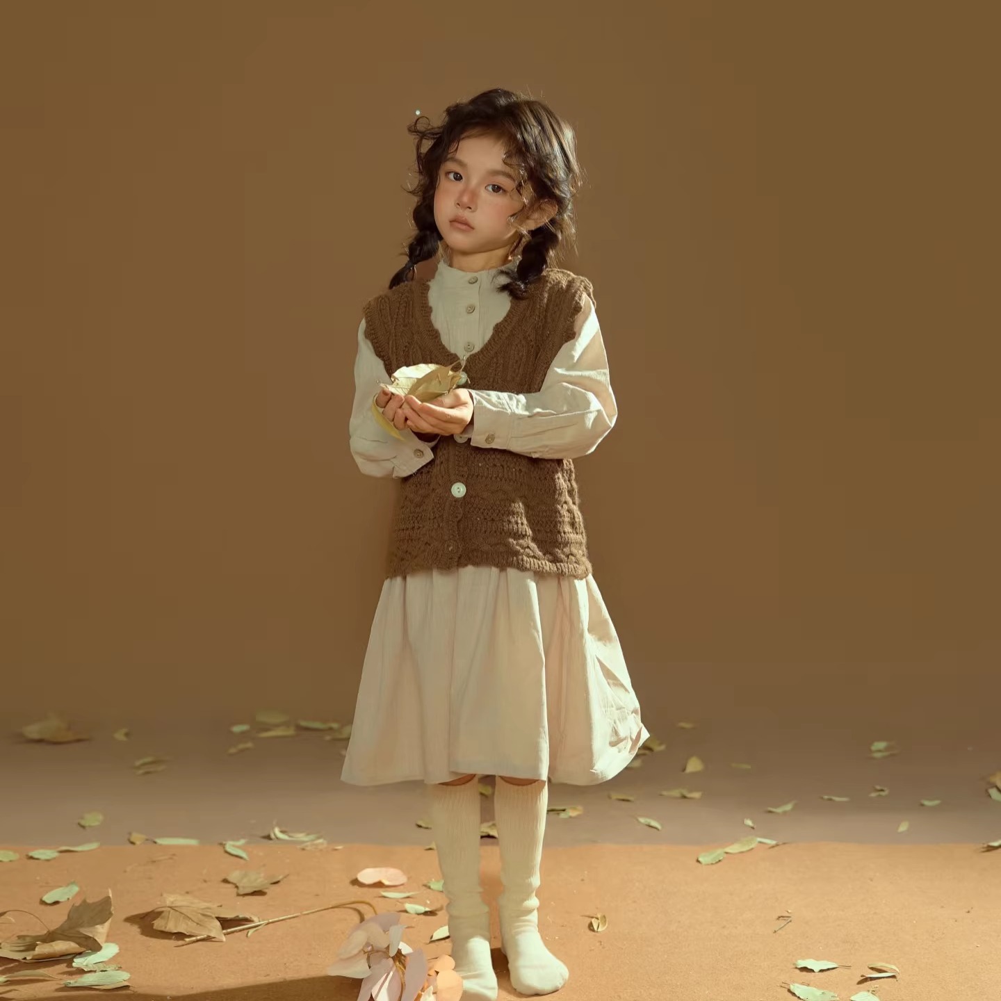 气质童装写真毛衣拍照秋冬摄影服装男女童棕色开衫针织毛线上衣