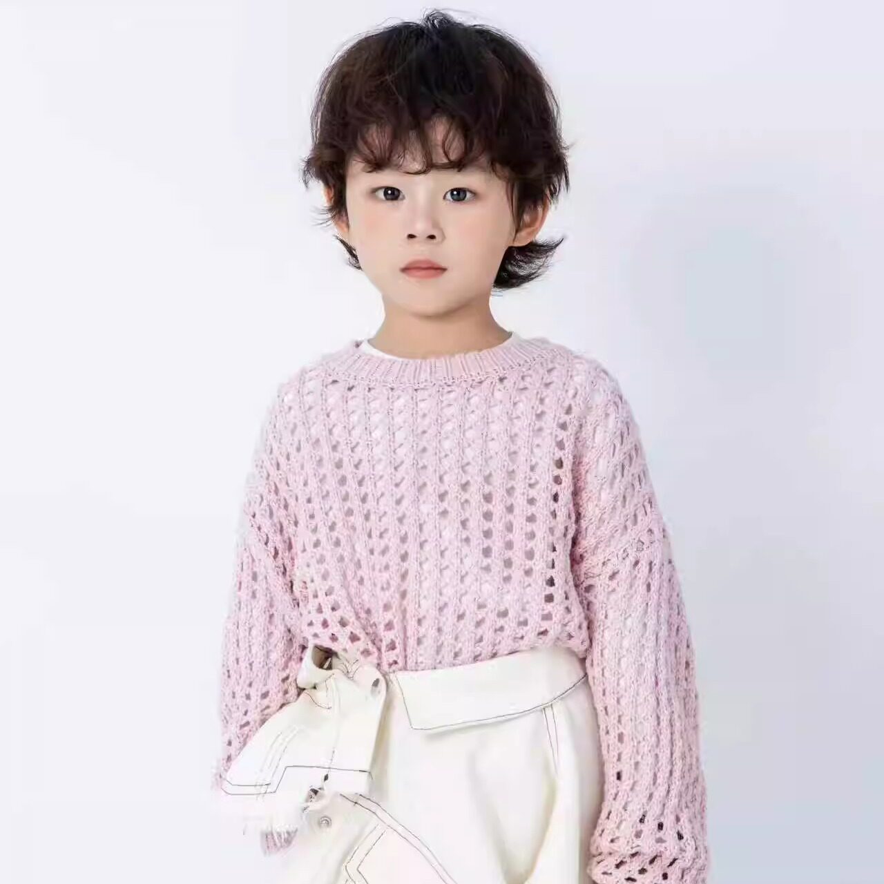 韩版儿童毛衣女艺术紫白粉摄影服装拍照针织衫镂空套头洞洞衫清新