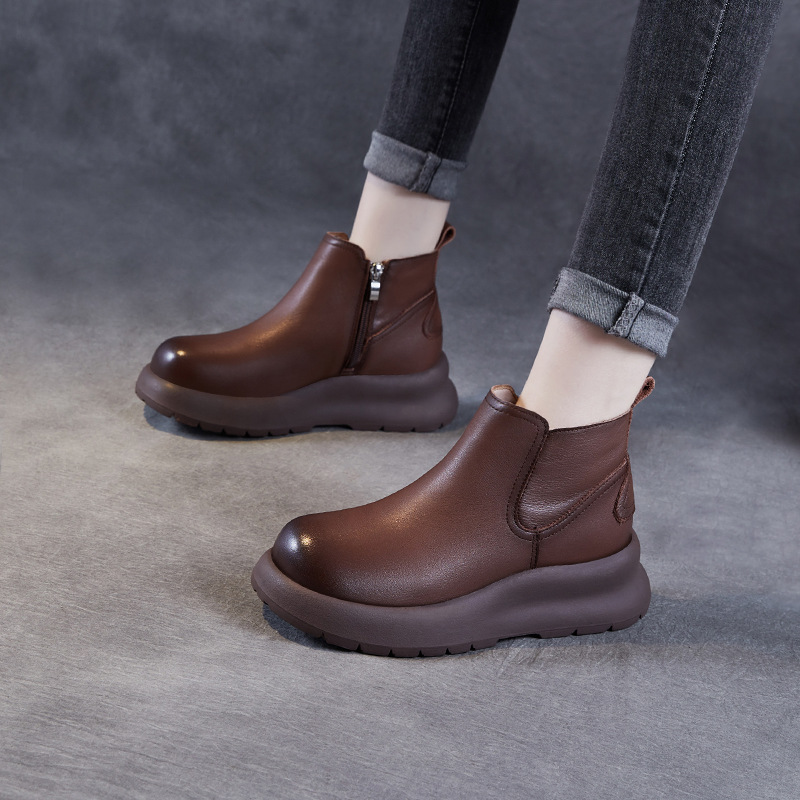 2025秋冬头层牛皮厚底女靴切尔西真皮马丁靴休闲妈妈大码加绒女鞋