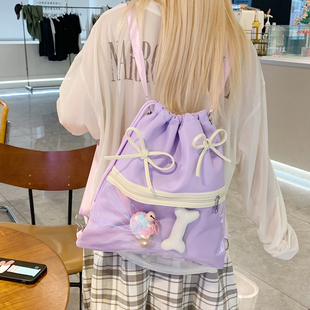 ins風慵懶垃圾袋痛包雙肩包包女大容量海邊度假輕便抽繩包潮 韓版