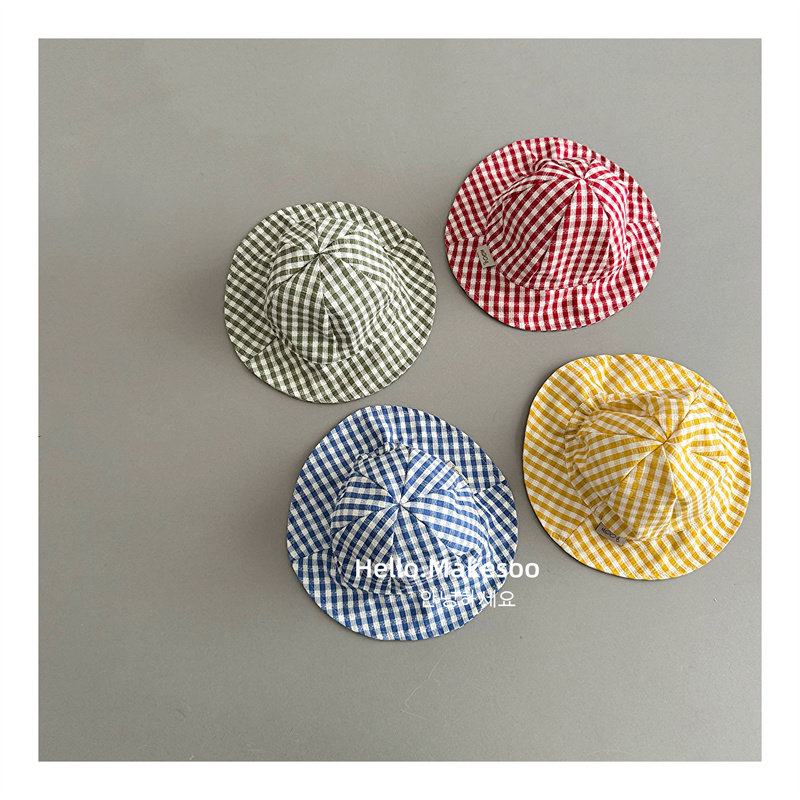 婴儿渔夫帽子春夏薄款小童男女宝宝大沿遮阳绑带格子婴童防晒盆帽