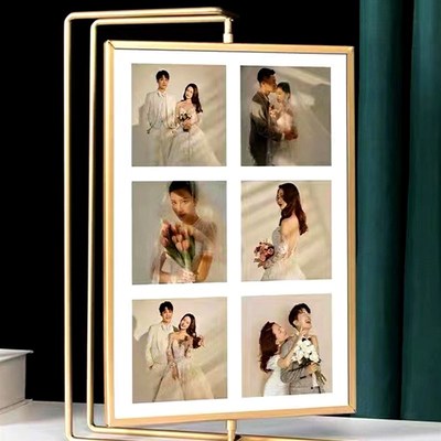 多宫格婚纱照轻h奢相框金属摆台旋转高级感相架A4像框儿童礼物中