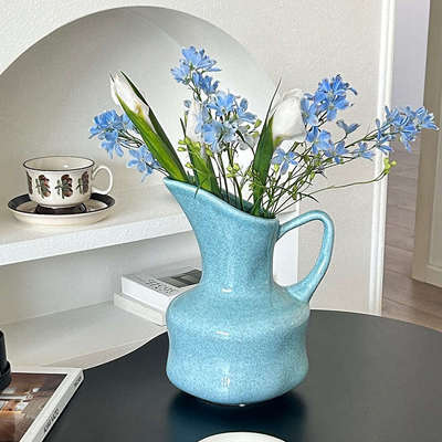SilentWind寂风韩风清新蓝色提壶花瓶陶瓷插干鲜花器家居桌面摆件