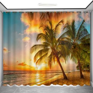 全屋定制夏威夷地中海景风景画窗帘现代北欧美式卧室客厅遮光窗帘