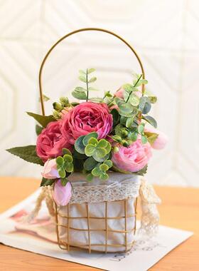 手提色铁篮子拌面手礼ERY编织艺金布衬篮子假花装饰篮子桌摆饰