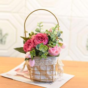 手提色铁篮子拌面手礼ERY编织艺金布衬篮子假花装 饰篮子桌摆饰