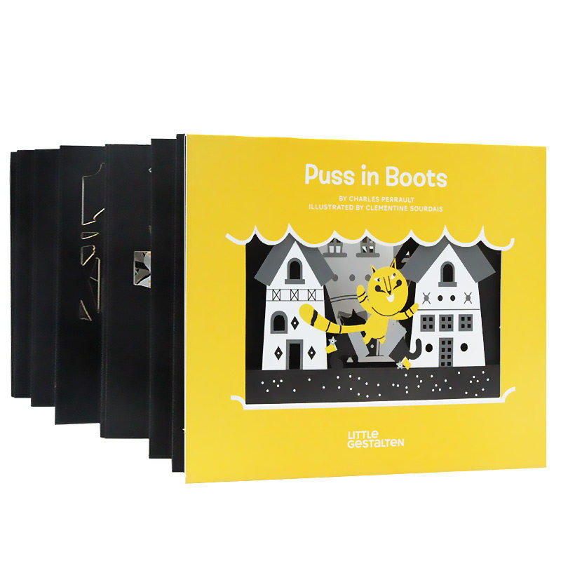 进口英文原版 Puss in Boots 穿靴子的猫 艺术剪影超长横幅投影拉拉书 现货