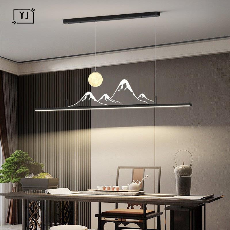 山水餐厅灯新中式长条吊灯现代简约山峦映月茶室吊灯极简餐桌灯具