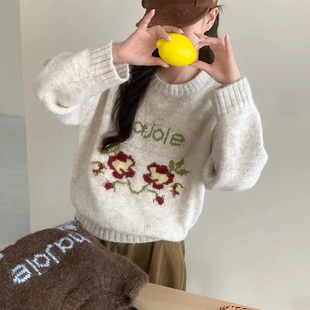 韩系复古花朵圆领毛线衣女2025秋冬新款 上衣 小个子穿搭加厚针织衫