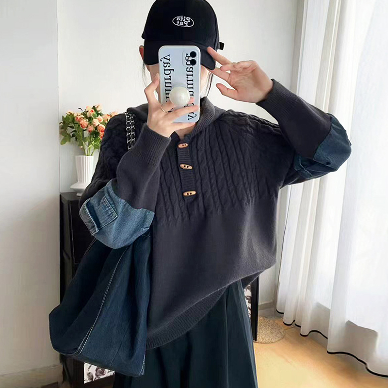 早秋半开襟连帽宽松显瘦复古风
