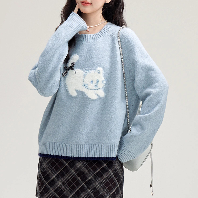 2025秋冬新款小猫咪图案设计感针织衫上衣女外穿可内搭套头毛衣