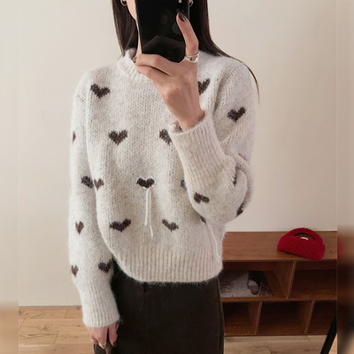 爱心圆领长袖针织衫套头毛衣