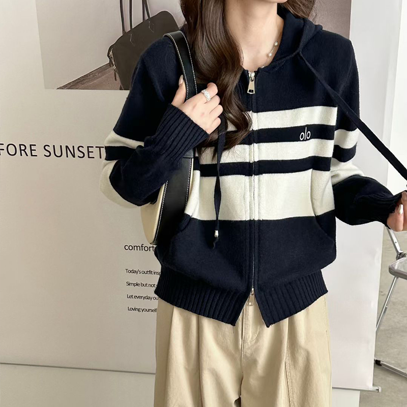 撞色条纹双头拉链连帽针织衫开衫