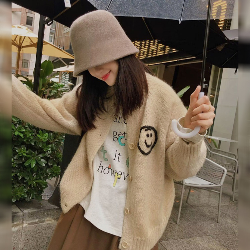 笑脸长袖针织开衫女宽松