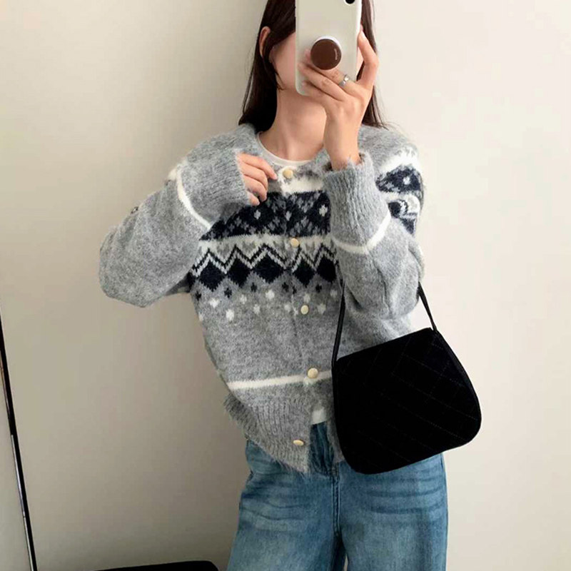 费尔岛提花毛衣开衫女秋冬新款