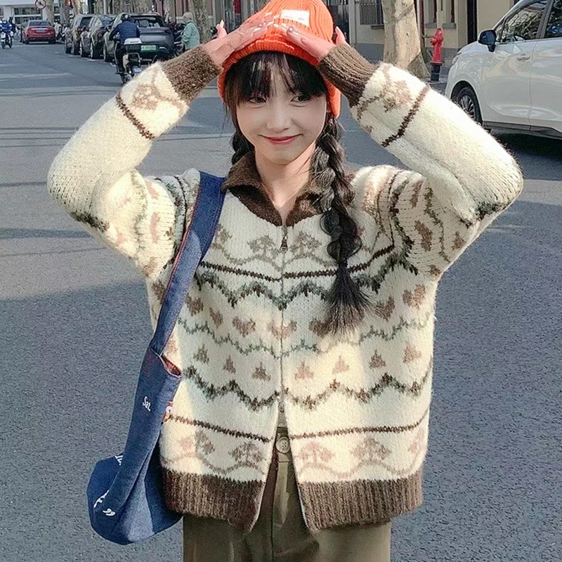 费尔岛风针织开衫翻领美拉德外套