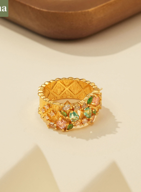 NININA久不掉色越南沙金镶钻璀璨繁星开口戒指女彩色星空食指戒女