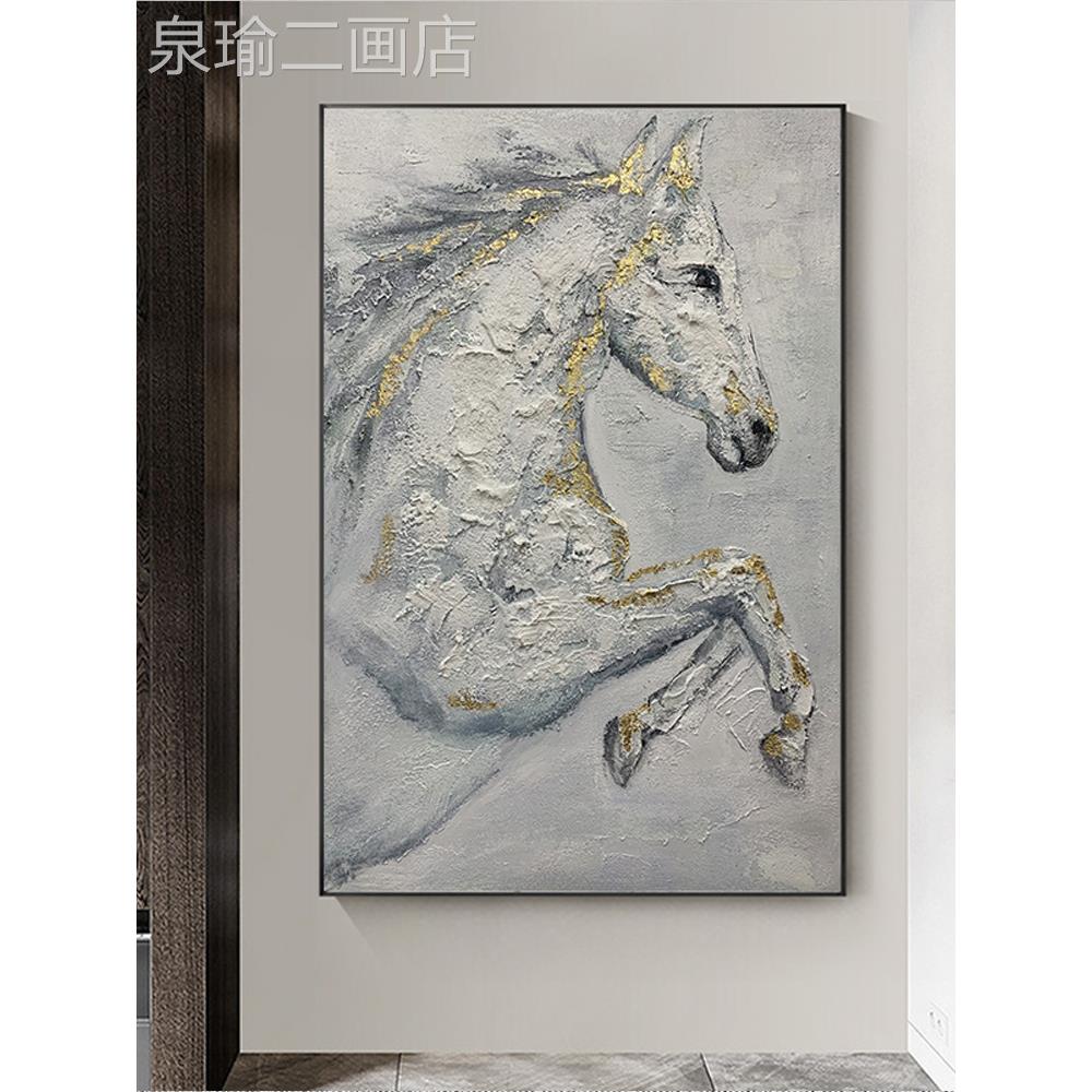 网红纯手绘画油新式玄金关挂画竖版客中厅书房马壁画艺术箔画装饰图片